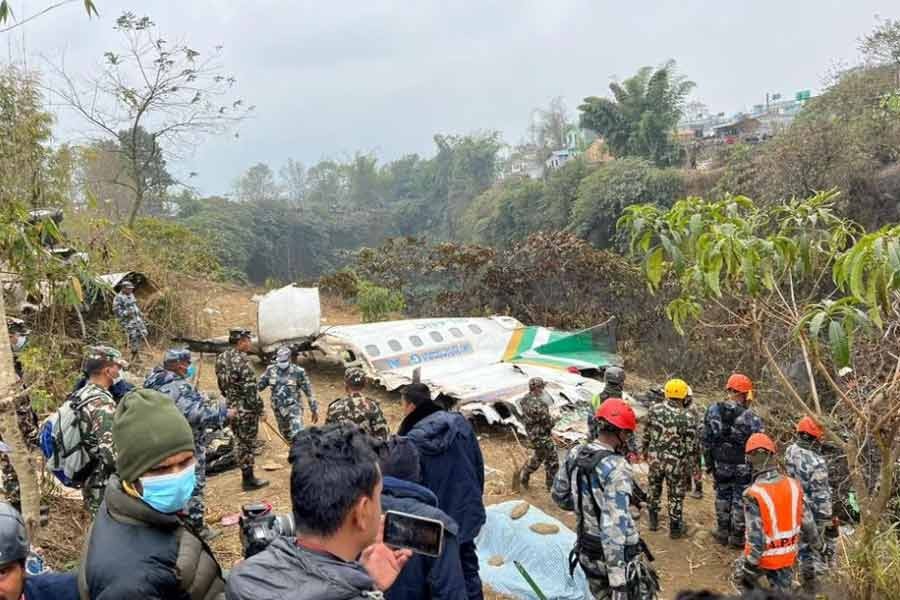 Rescue teams working to retrieve bodies from the wreckage of the crash of a Yeti Airlines operated aircraft in Pokhara of Nepal on Monday –Reuters photo