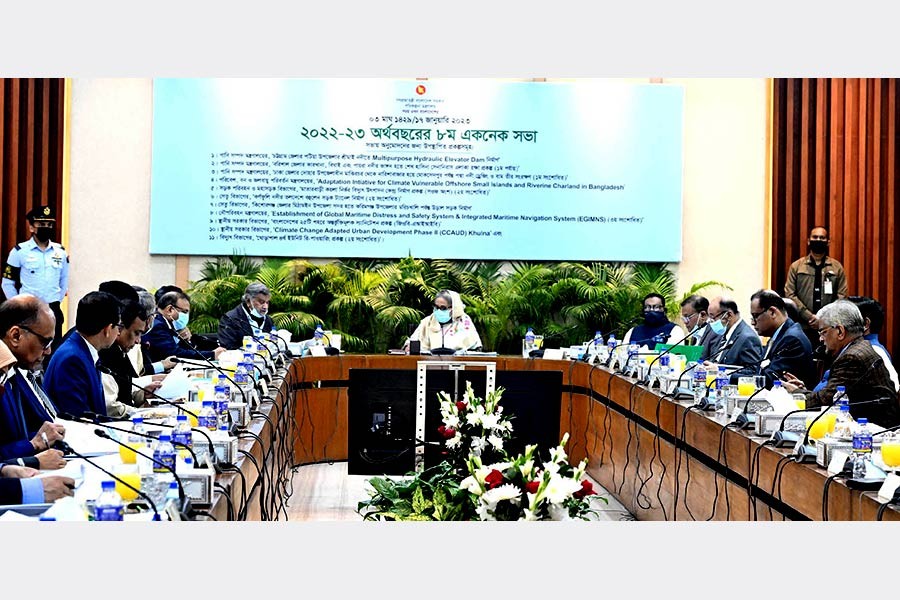 Prime Minister Sheikh Hasina presiding over a meeting of the Executive Committee of the National Economic Council (ECNEC) at the NEC Conference Room in the city's Sher-e-Bangla Nagar area on Tuesday –PID photo