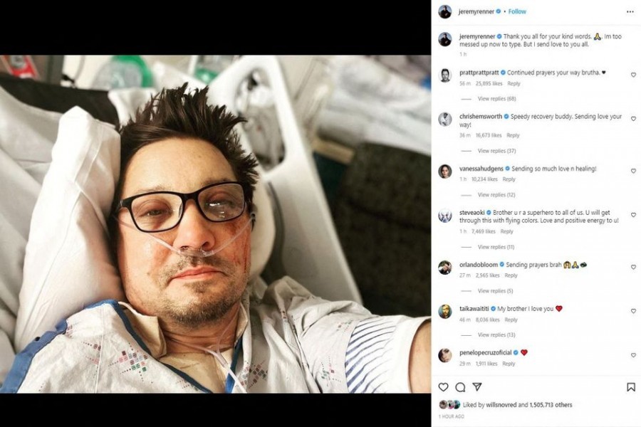 A screen grab shows a selfie of actor Jeremy Renner on a hospital bed, posted on Instagram with a caption reading, "Thank you all for your kind words. I?m too messed up now to type. But I send love to you all" in this picture obtained from social media January 3, 2023. Jeremy Renner via Instagram/via REUTERS