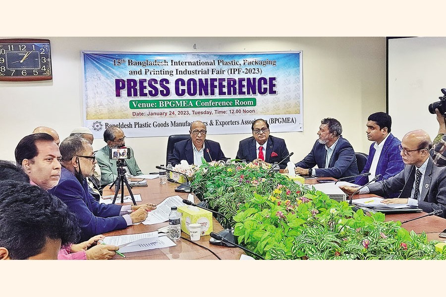 Bangladesh Plastic Goods Manufacturers and Exporters Association (BPGMEA) President Shamim Ahmed addresses a press conference in Dhaka on Tuesday
