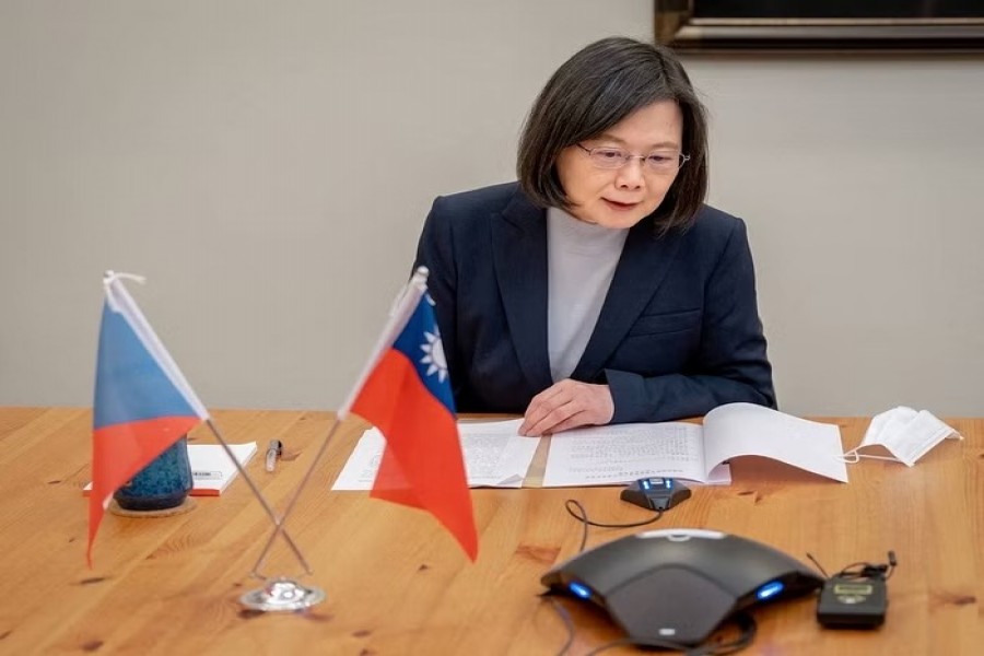 Taiwan President Tsai Ing-wen speaks with Czech President-elect Petr Pavel on a conference call in Taipei, Taiwan January 30, 2023 in this handout picture. Taiwan Presidential Office/Handout via REUTERS