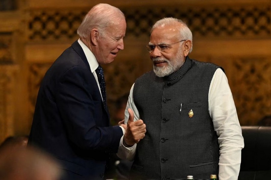 President of the U.S. Joe Biden speaks with Prime Minister of India Narendra Modi at the G20 Summit opening session in Nusa Dua, Bali, Indonesia, Tuesday, Nov. 15, 2022. PRASETYO UTOMO/G20 Media Center/Handout via REUTERS THIS IMAGE HAS BEEN SUPPLIED BY A THIRD PARTY. MANDATORY CREDIT./File Photo