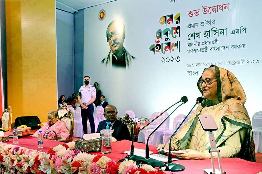 Prime Minister Sheikh Hasina addressing the inaugural ceremony of the month-long Amar Ekushey Book Fair-2023 in Dhaka on Wednesday -PID Photo