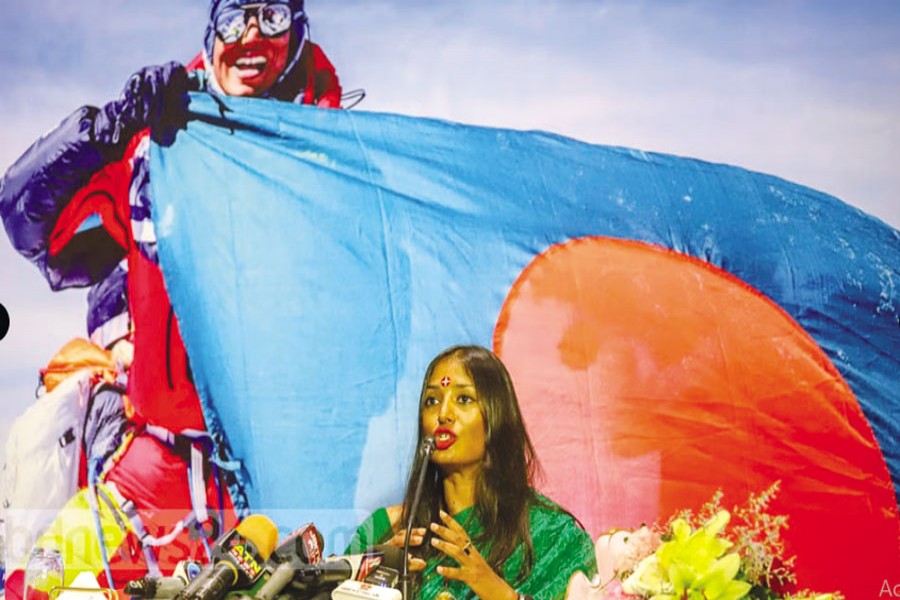 Wasfia Nazreen, the first Bangladeshi mountaineer to summit K2, speaks at a press conference at Sheraton hotel in Dhaka on Wednesday, Aug 17, 2022 upon her return from the second highest mountain in the world