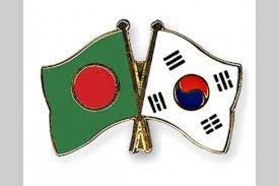 Flags of Bangladesh and South Korea are seen cross-pinned in this photo symbolising friendship between the two nations