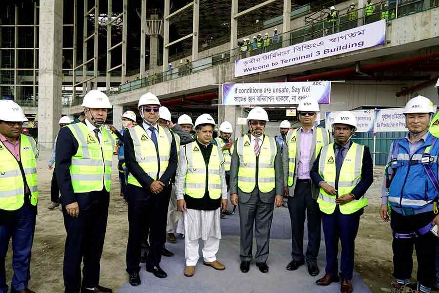 State Minister for Civil Aviation and Tourism Md Mahbub Ali (fourth from left) visiting the construction work of the third terminal at Hazrat Shahjalal International Airport (HSIA) in Dhaka on Tuesday –PID Photo