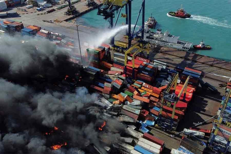 Smoke rising from burning containers at the port in the earthquake-stricken town of Iskenderun in Turkey on Tuesday –Reuters photo