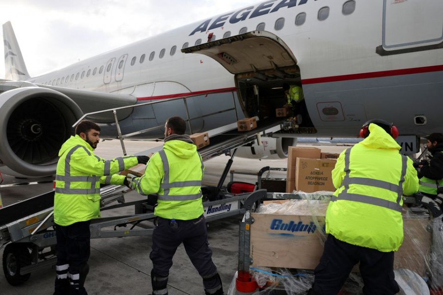 Aid material, provided by the Greek Ministry of Civil Protection, is loaded on a plane, following the deadly earthquake in Turkey, at the Eleftherios Venizelos International Airport of Athens, Greece on February 9, 2023  — Reuters photo