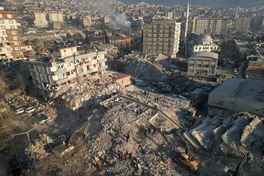 An aerial view shows collapsed buildings, in the aftermath of the deadly earthquake, in Kahramanmaras, Turkey, Feb 9, 2023. |REUTERS/Stoyan Nenov