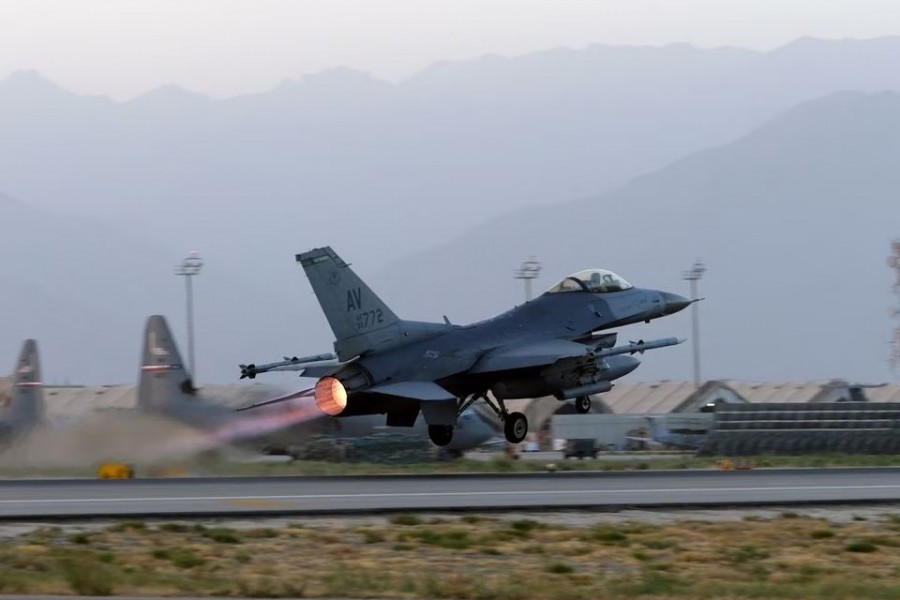 A US Air Force F-16 Fighting Falcon aircraft takes off for a nighttime mission at Bagram Airfield, Afghanistan on August 22, 2017 — Reuters/Files