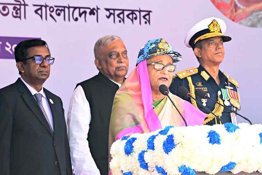 Prime Minister Sheikh Hasina addressing 28th founding anniversary function of the BCG and the BCG Day-2023 at the Coast Guard Headquarters in capital's Sher-e-Bangla Nagar on Monday –PID Photo