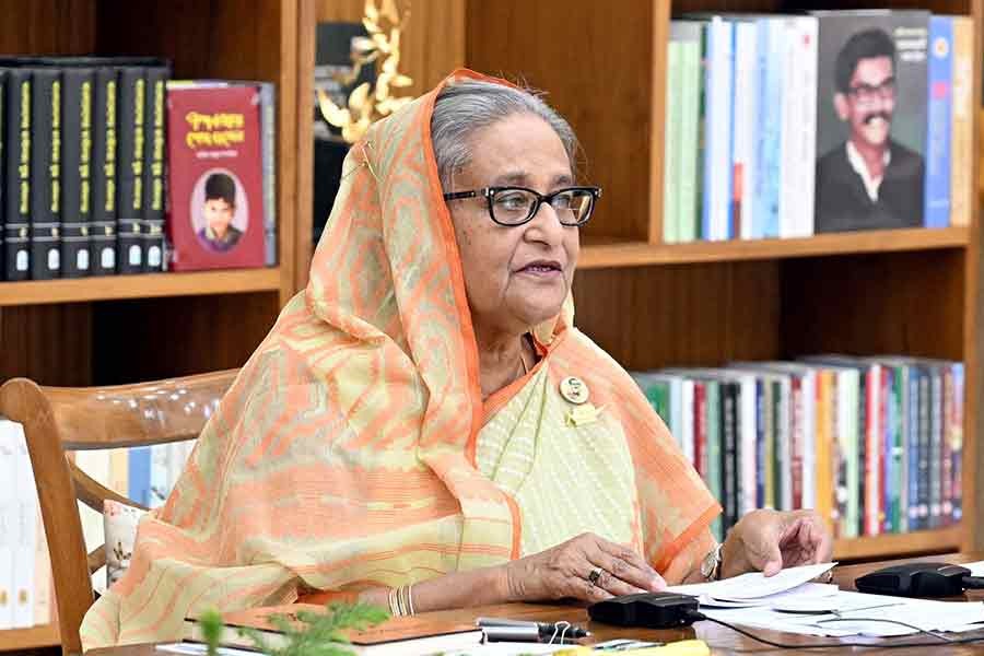 Prime Minister Sheikh Hasina addressing a function marking the National Textiles Day-2022 and inauguration of six textile educational institutes in six districts, joining from Ganabhaban through a video conference on Tuesday –PID Photo