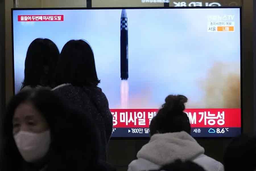 A TV screen showing a file image of North Korea's missile launch during a news programme at the Seoul Railway Station in South Korea on Saturday –AP photo