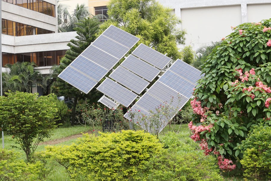 A solar panel in Dhaka. Use of renewable energy is growing in Bangladesh.	 —FE File Photo