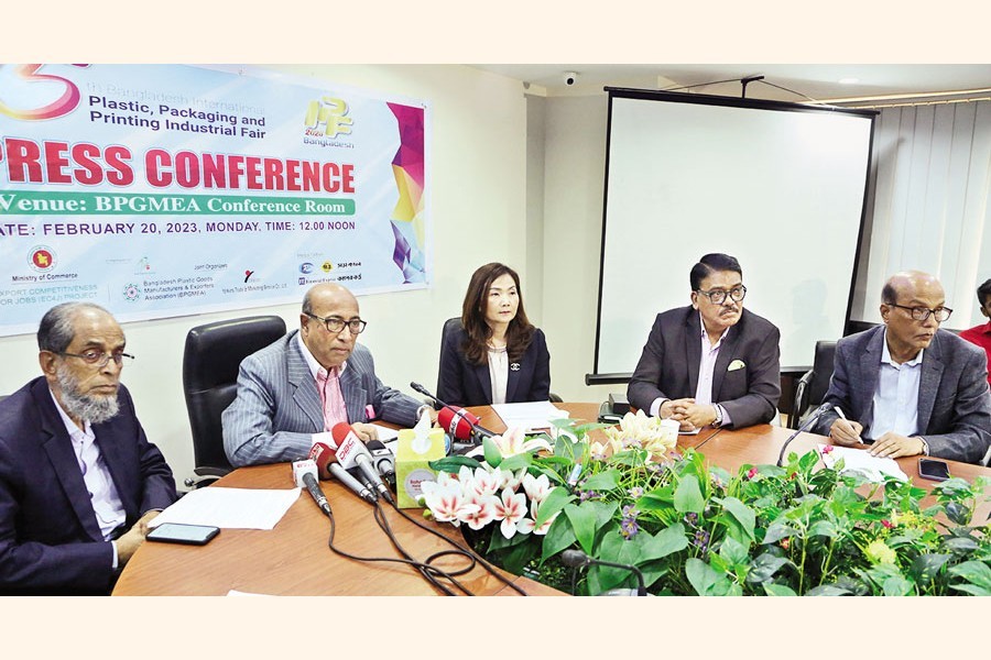 President of Bangladesh Plastic Good Manufacturers and Exporters Association (BPGMEA) Shamim Ahmed speaks at a press conference on the upcoming 15th Bangladesh International Plastic, Packaging and Printing Industrial Fair (IPF)-2023 in the capital on Monday