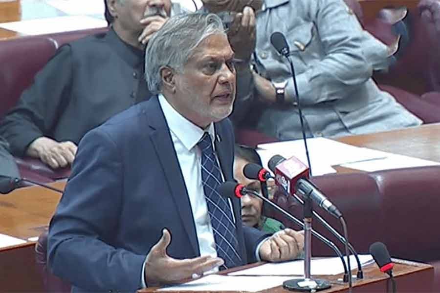 Pakistan’s Finance Minister Ishaq Dar addressing the National Assembly session of the country on Monday —DawnNewsTV