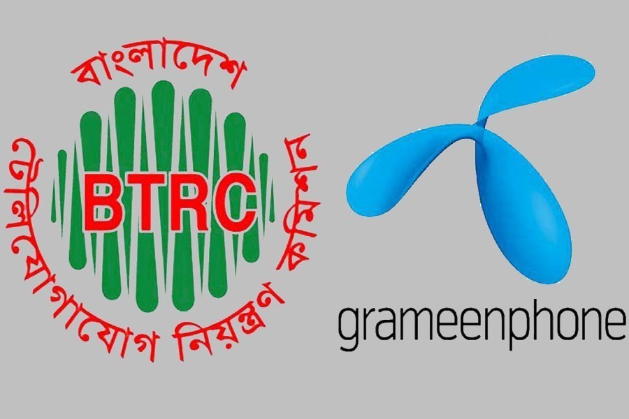 The logos of Bangladesh Telecommunication Regulatory Commission (BTRC) and Grameenphone are seen in this  photo collage