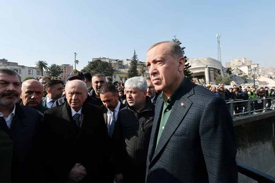 Turkish President Tayyip Erdogan and Devlet Bahceli, leader of the Nationalist Movement Party (MHP), visiting Antakya in Hatay province of Turkey on February 20 this year -Reuters file photo