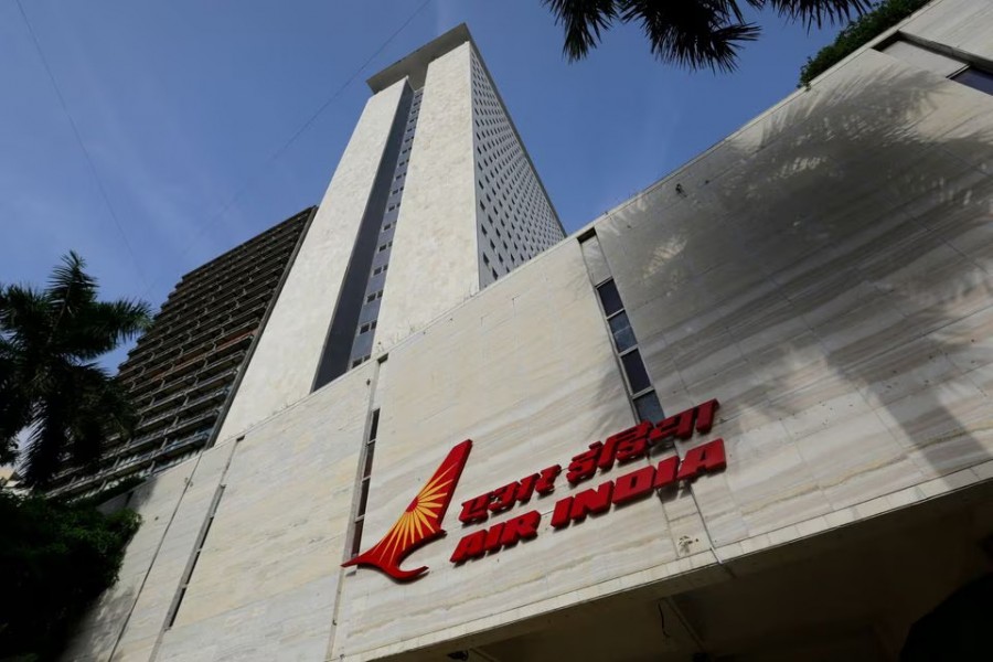 The Air India logo is seen on the facade of its office building in Mumbai, India on July 7, 2017
